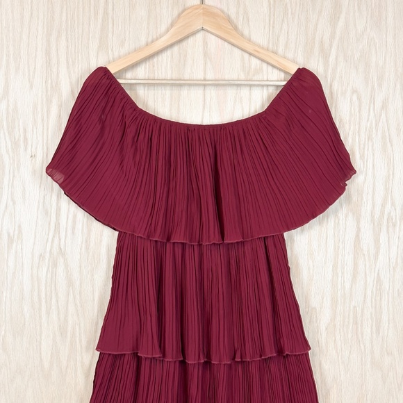 Entro Gala Pleated Off The Shoulder Ruffle Midi Dress Wine Red - Picture 3 of 9